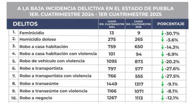 A la baja incidencia delictiva en el estado de Puebla; disminuyen 14 delitos de impacto social